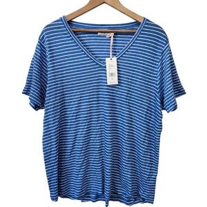 NWT $62.50 Vineyard Vines Women's Blue Striped Linen V Neck Tee‎ Tide Blue XL